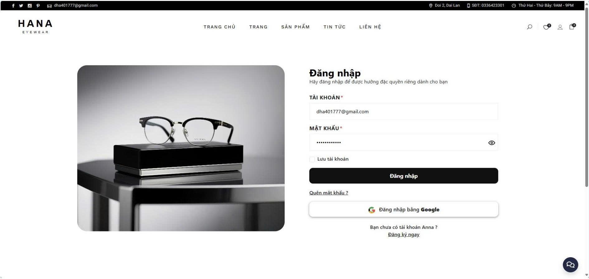 Website mua sắm kính mắt thời trang Hana